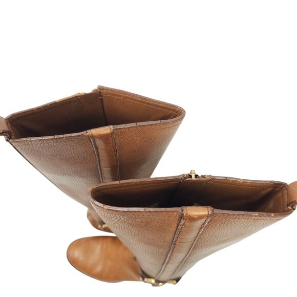 Tory Burch Amanda Tall Riding Boots READ Brown Leather Size 6.5 Side Zip Logo - Picture 4 of 15